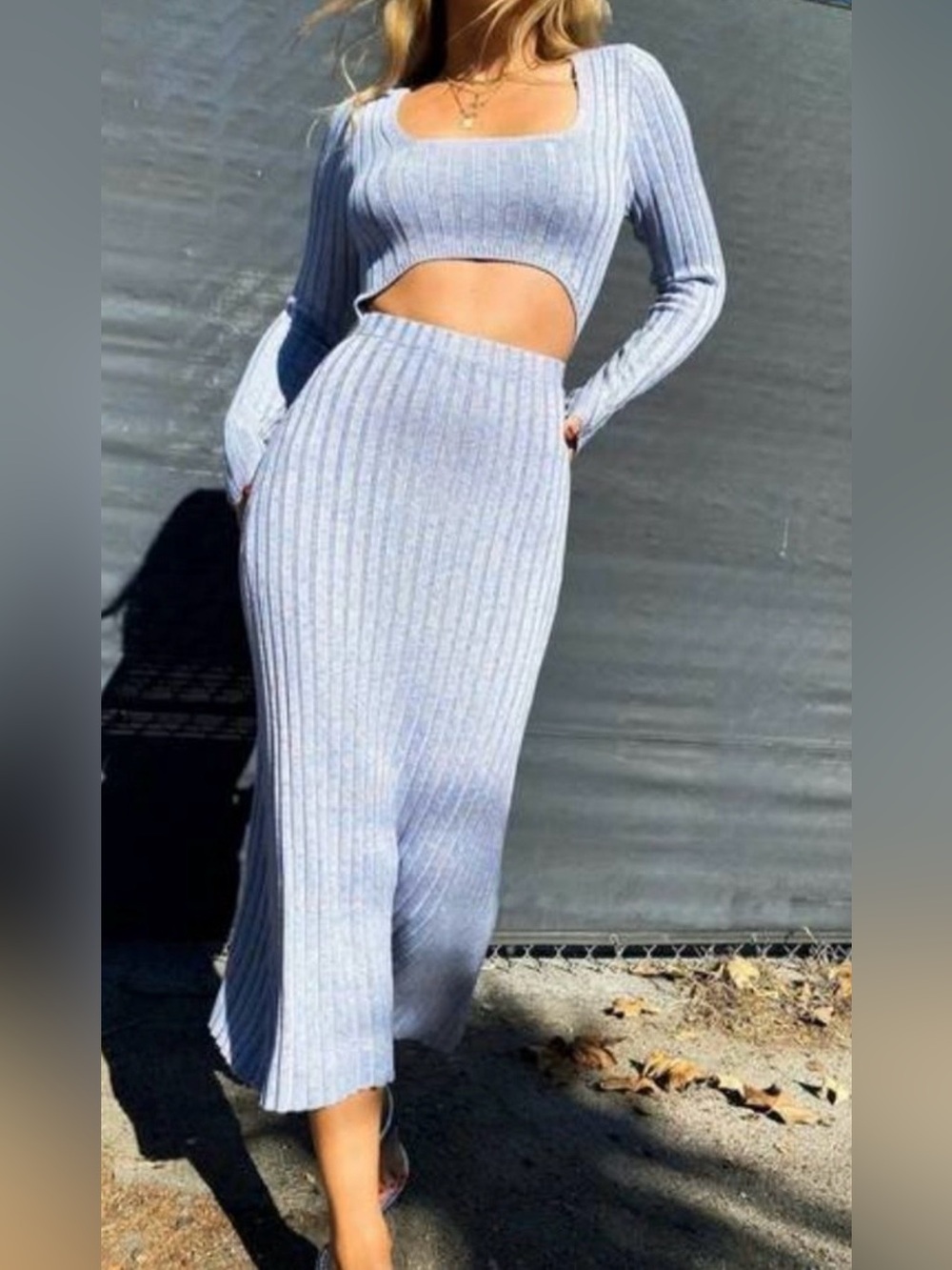 AFRM "Skye" Cut Out Front Ribbed Marled Icy Blue Midi Sweater Dress NWT Size XL